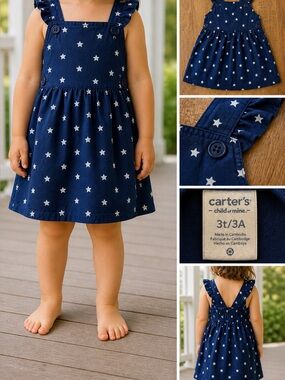 Carter’s Navy Star Print Dress Toddler Girl 3T Blue Cotton Summer